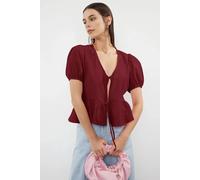 Wovcor Tie Front Short Sleeve Smock Shirt In Burgundy Burgundy