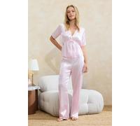 Wovcor Tie Front V Neck Short Sleeve Satin Wide Leg Pyjama Set In Pink Pink 14