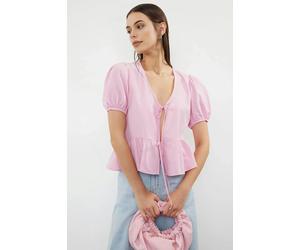 WOVCOR Tie Front V-Neck Short Sleeve Woven Shirt - Pink - 10