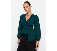 Wovcor Tie Front Woven Blouse With V-Neck Detail In Emerald Emerald
