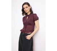 Wovcor Tie Neck Button Detail Frill Hem Short Sleeve Shirt In Plum Plum