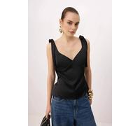 Wovcor Tie Strap Sweetheart Neck Satin Woven Blouse In Black Black