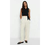 WOVCOR Tie-Up Crop Woven Linen-Look Blouse - Black - 10