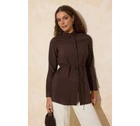 Wovcor Tie Waist Collared Long Sleeve Longline Woven Shirt In Brown Brown