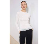 Wovcor Transparent Fitted Long Sleeve Frill Detail Textured Knit Blouse In Ecru Ecru