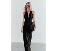 Wovcor Tulle Ruffled Lined Halter Neck Maxi Evening Dress In Black Black