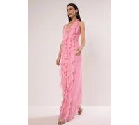 Wovcor Tulle Ruffled Lined Halter Neck Maxi Evening Dress In Pink Pink