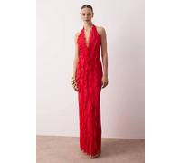 Wovcor Tulle Ruffled Lined Halter Neck Maxi Evening Dress In Red Red