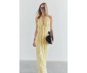 Wovcor Tulle Ruffled Lined Halter Neck Maxi Evening Dress In Yellow Yellow