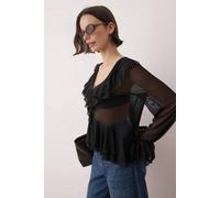 Wovcor Tulle V-Neck Knit Blouse With Ruffle Detail In Black Black M