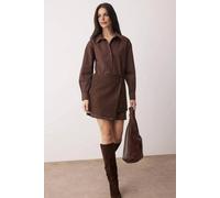 Wovcor Tweed Wrap Skirt Collared Long Sleeve Woven Mini Shirt Dress In Brown Brown