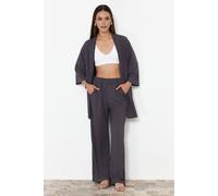 Wovcor Two-Piece Kimono Set - Relaxed Fit Knit Top & Wide-Leg Pants In Dark Grey Dark Grey