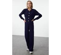 Wovcor Two-Piece Knit Lounge Set - Cropped Cardigan & Wide-Leg Pants In Navy Navy