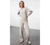 Wovcor Two-Piece Knit Lounge Set - Cropped Cardigan & Wide-Leg Pants In Stone Stone
