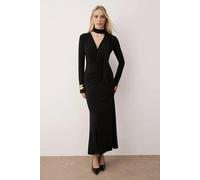 WOVCOR V-Neck A-line Maxi Knitted Dress with Scarf Detail - Black - S