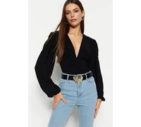 Wovcor V Neck Balloon Sleeve Fitted Stretch Knit Bodysuit In Black Black