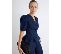 Wovcor V Neck Balloon Sleeve Peplum Denim Blouse In Dark Navy Dark Navy