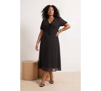 Wovcor V Neck Balloon Sleeve Tiered Midi Dress In Black Black