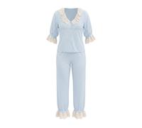 Wovcor V Neck Balloon Sleeve Viscose Pyjama Set In Blue Blue
