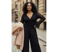 WOVCOR V-Neck Button Detail Plus Size Blouse with Lace Sleeves - Black - 2XL