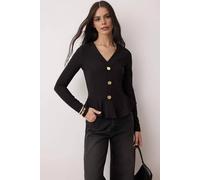 Wovcor V-Neck Button Front Peplum Stretch Knit Blouse In Black Black S