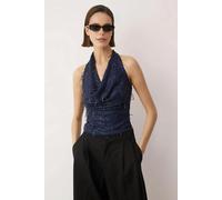 WOVCOR V-Neck Fringed Sequin Party Blouse - Navy - 14
