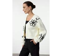WOVCOR V-Neck Knit Cardigan with Embroidery Details - Ecru - S