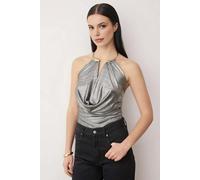WOVCOR V-Neck Knit Party Blouse with Accessory Details - Metallic Silver - 12