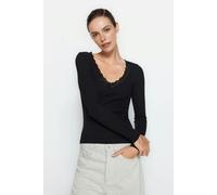WOVCOR V-Neck Lace Detail Ribbed Cotton Stretch Knit Blouse - Black - XL