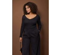 WOVCOR V-Neck Lace Detail Ribbed Fitted Cotton Stretch Knit Blouse - Black - 2XL