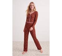 Wovcor V Neck Long Sleeve Ribbed Pyjama Set In Brown Brown