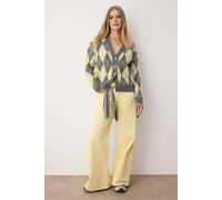 WOVCOR V-Neck Soft Texture Argyle Pattern Knit Cardigan - Grey - L