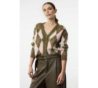 WOVCOR V-Neck Soft Texture Argyle Pattern Knit Cardigan - Khaki - S