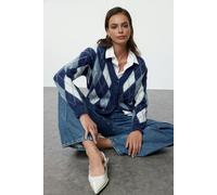 WOVCOR V-Neck Soft Texture Argyle Pattern Knit Cardigan - Navy - S