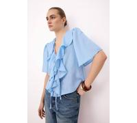 Wovcor V Neck Tie Front Frill Detail Short Sleeve Blouse In Baby Blue Baby Blue