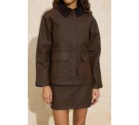 WOVCOR Velvet Collar Detail Coated Fabric 100% Cotton Oversize Denim Jacket - Brown - M