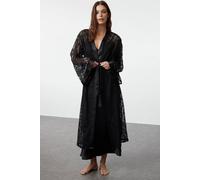 Wovcor Women’s Lace Dressing Gown With Satin Trim And Belt In Black Black