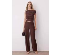 WOVCOR Women's 2-Piece Asymmetric Neck Knit Top & Wide Leg Trousers Co-Ord Set in Brown | Size: Medium WOVCOR Brown M