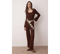 WOVCOR Women's 2-Piece Square Neck Ribbed Knit Top & Flared Bottom Set in Brown | Size: Large WOVCOR Brown L