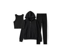 WOVCOR Women's 3 Piece Hooded Knit Set with Zip Front Top, Vest & Leggings in Black | Size: Small WOVCOR Black S