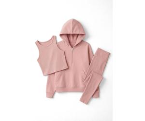 WOVCOR Women's 3 Piece Hooded Knit Set with Zip Front Top, Vest & Leggings in Rose | Size: Large WOVCOR Rose L