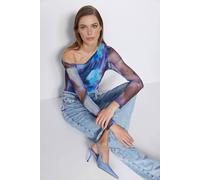 WOVCOR Women's Abstract Mesh Asymmetric Long Sleeve Bodysuit in Blue | Size: Small WOVCOR Blue S
