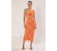 WOVCOR Women's Abstract Print One Shoulder Ruched Midi Dress | Size: Large WOVCOR Multicolor L