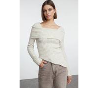 WOVCOR Women's Asymmetric Hem Ribbed Knit Sweater with Foldover Neckline in Stone | Size: Large WOVCOR Stone L