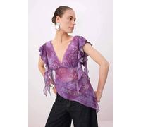 WOVCOR Women's Asymmetric Lace Trim Mesh Blouse with Flowy Fit | Size: 8 WOVCOR Multicolor 8