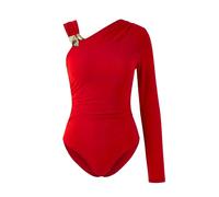 WOVCOR Women's Asymmetric Neck Accessory Detail Knit Bodysuit in Red | Size: 10 WOVCOR Red 10