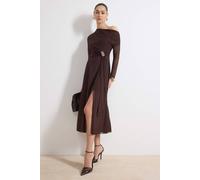 WOVCOR Women's Asymmetric Neck Accessory Detail Tulle Overlay Long Sleeve Maxi Dress in Brown | Size: Large WOVCOR Brown L
