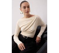 WOVCOR Women's Asymmetric Neck Drape Detail Stretch Knit Fitted Blouse in Stone | Size: Large WOVCOR Stone L