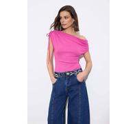 WOVCOR Women's Asymmetric Neck Gathered Detail Soft Knit Blouse with Cap Sleeve in Fuchsia | Size: Small WOVCOR Fuchsia S