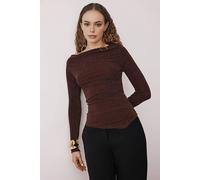 WOVCOR Women's Asymmetric Neck Glitter Knit Long Sleeve Top in Brown | Size: 6 WOVCOR Brown 6
